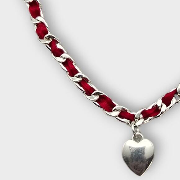 Charter Club Red Ribbon Chain Heart Pendant Necklace NWT Silver Tone - Picture 4 of 8